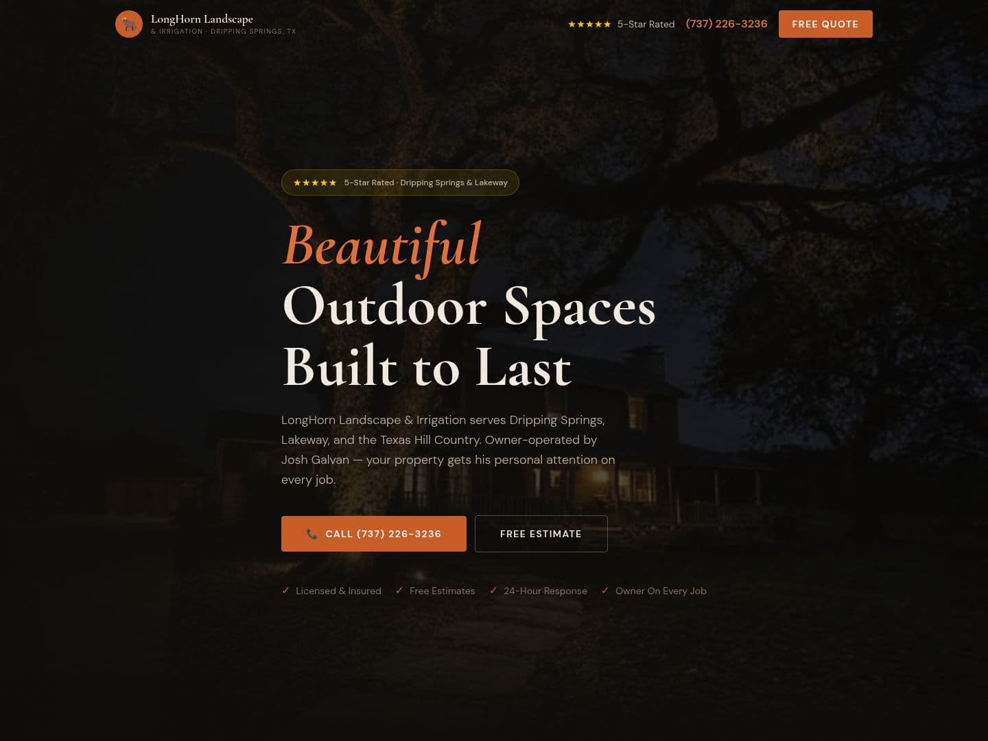 Longhorn Landscape & Irrigation website homepage, built by Lolo Growth